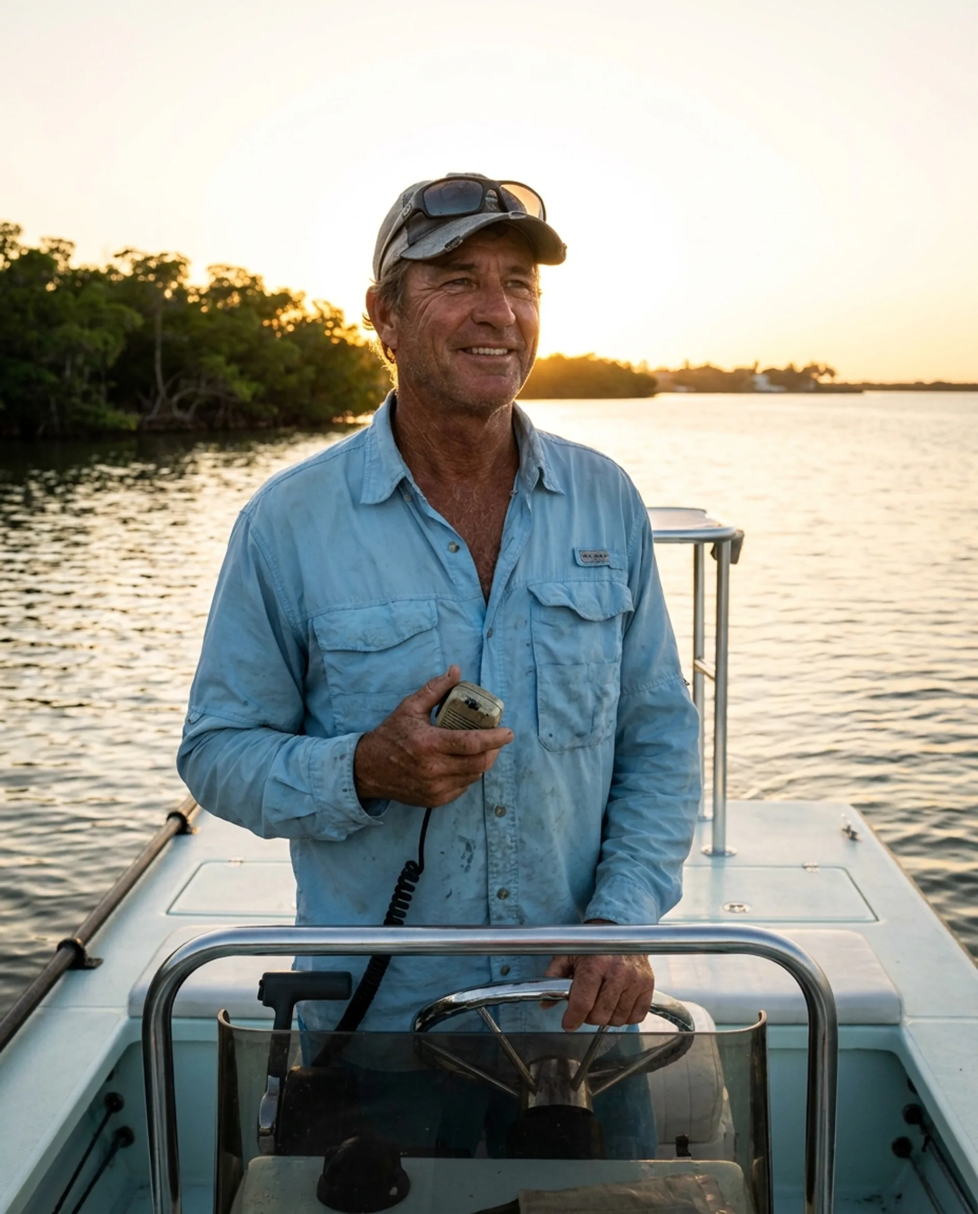 Captain Meddie Sullivan at the console of his flats boat at golden hour