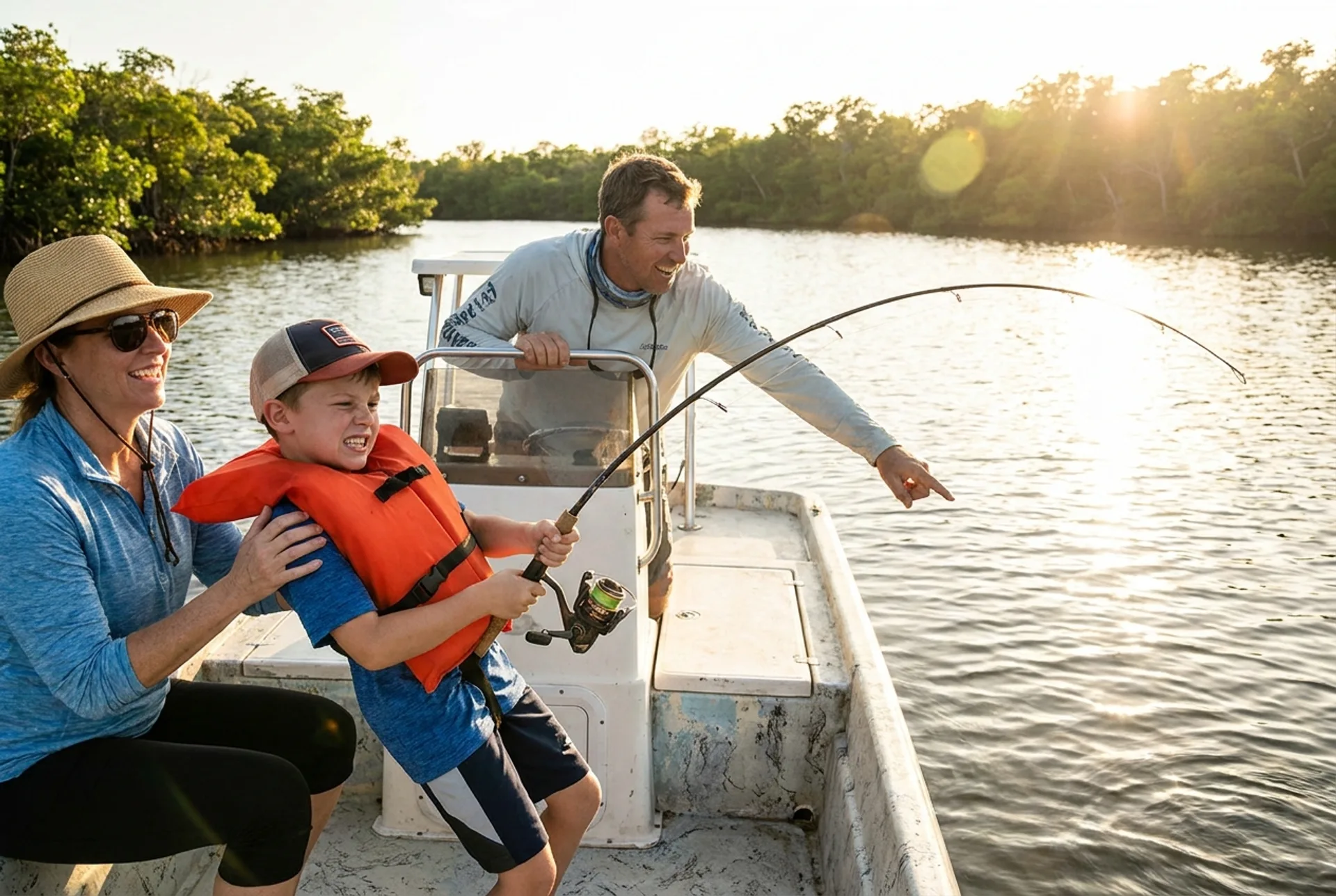Young angler reeling in a fish with the captain coaching