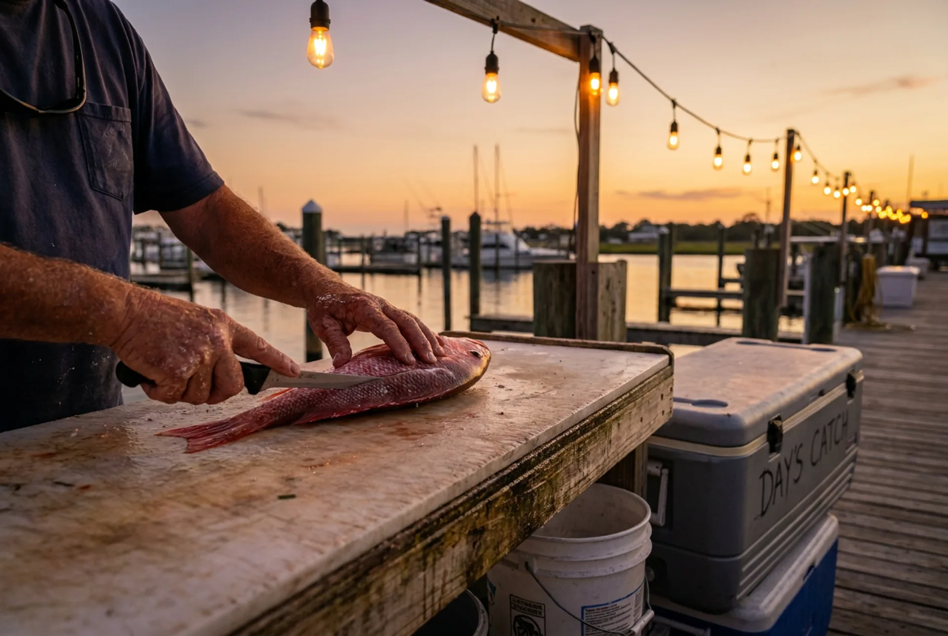 Filleting the day's catch dockside at dusk