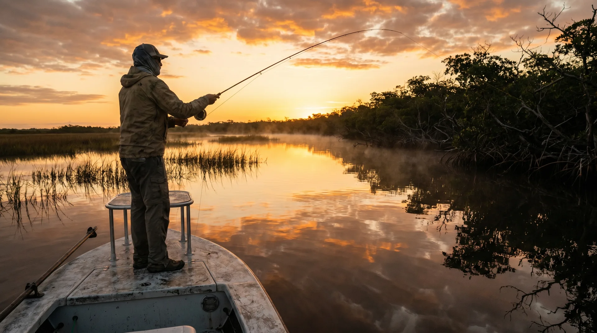 Angler casting from the bow of a flats skiff across glassy Southwest Florida backwater at golden hour