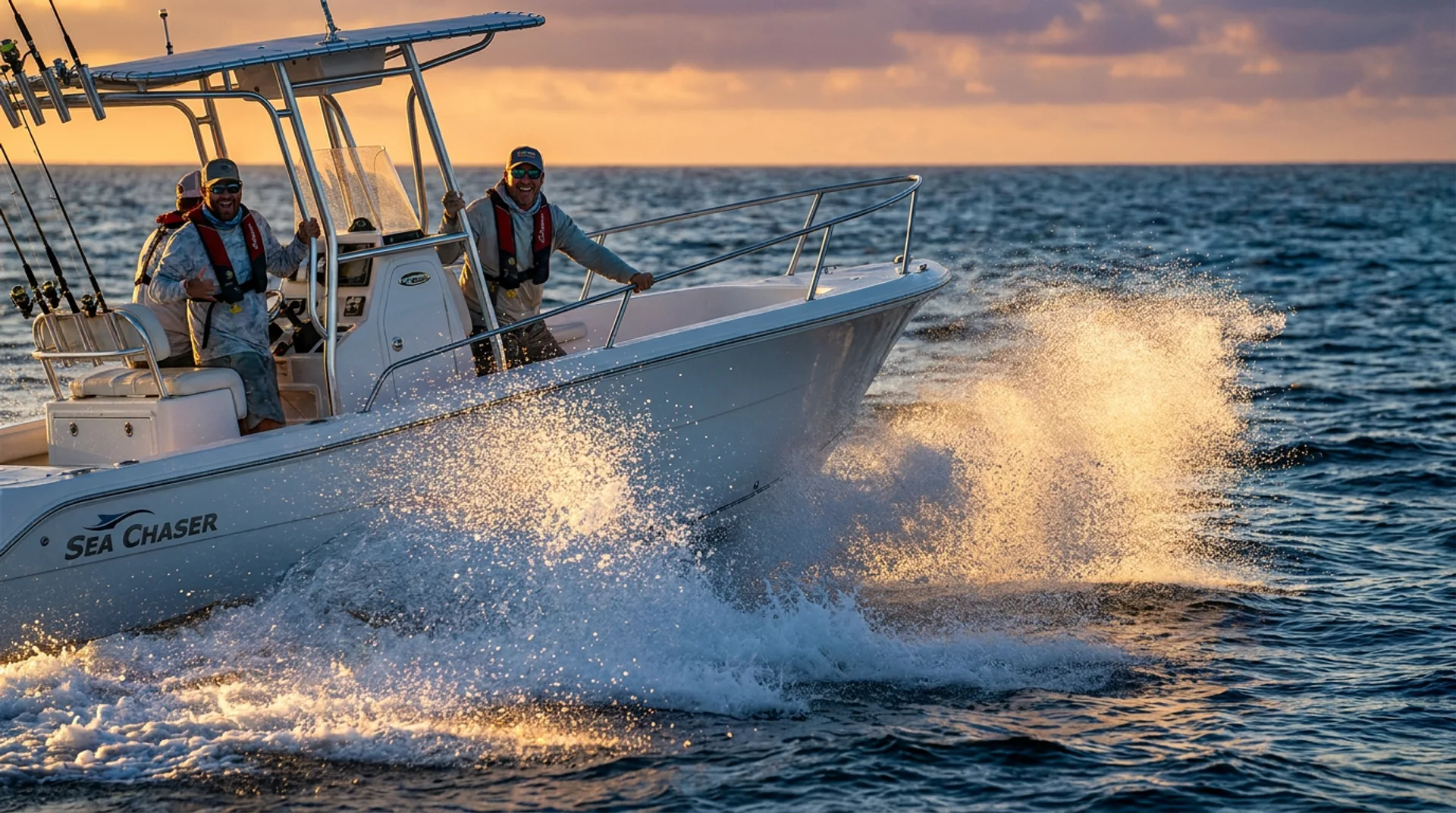 Center console charter boat running offshore into the Gulf at sunrise
