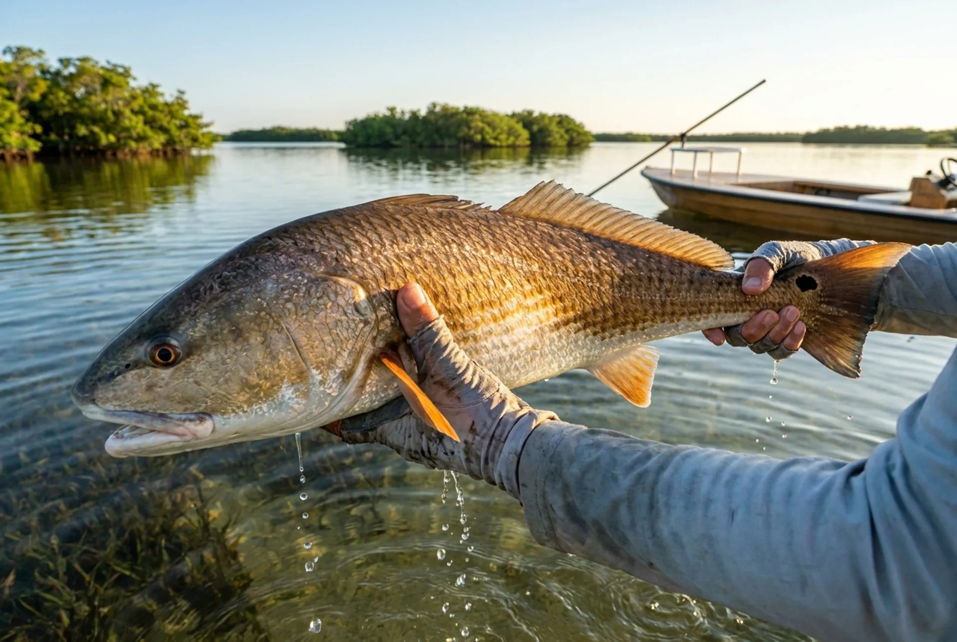 Copper redfish with its black tail spot lifted from the flats