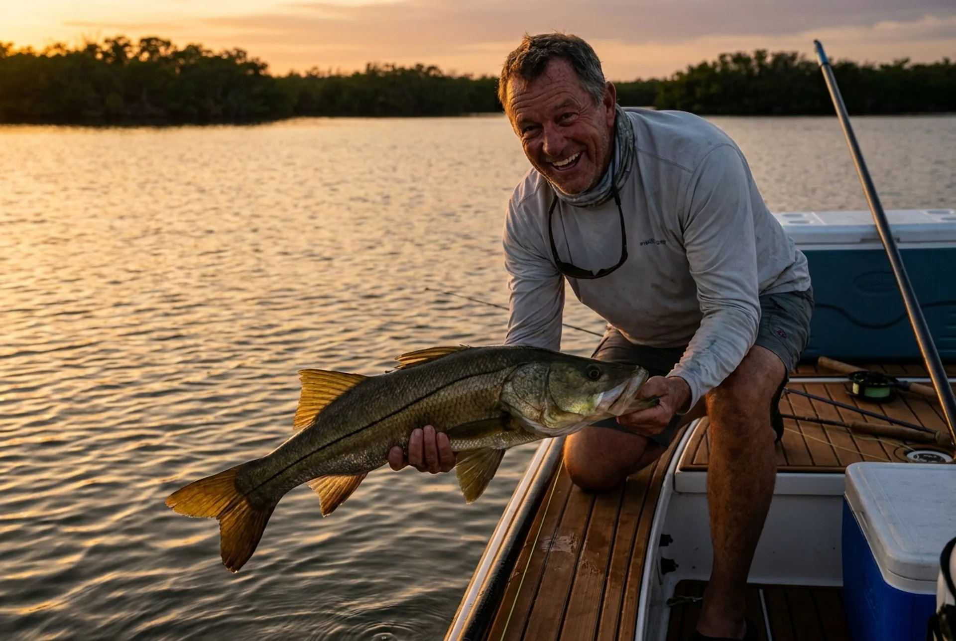 Angler holding a big snook boat-side in golden-hour light