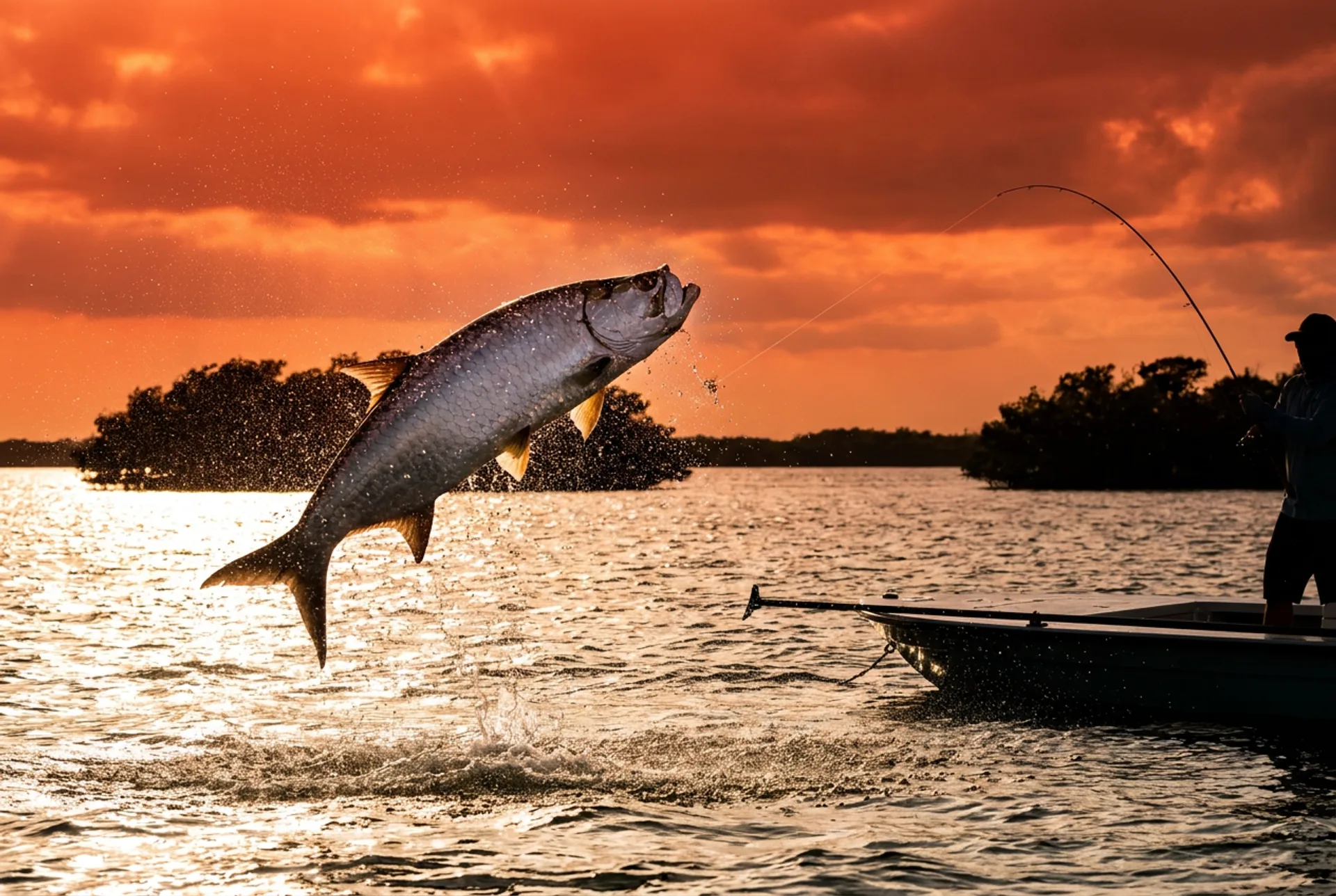 Tarpon leaping from the water backlit by sunset